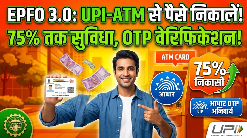 EPFO 3.0 के तहत UPI-ATM से PF निकासी, 75% तक रकम की सुविधा और आधार OTP वेरिफिकेशन लागू।
Make an thambnail image
