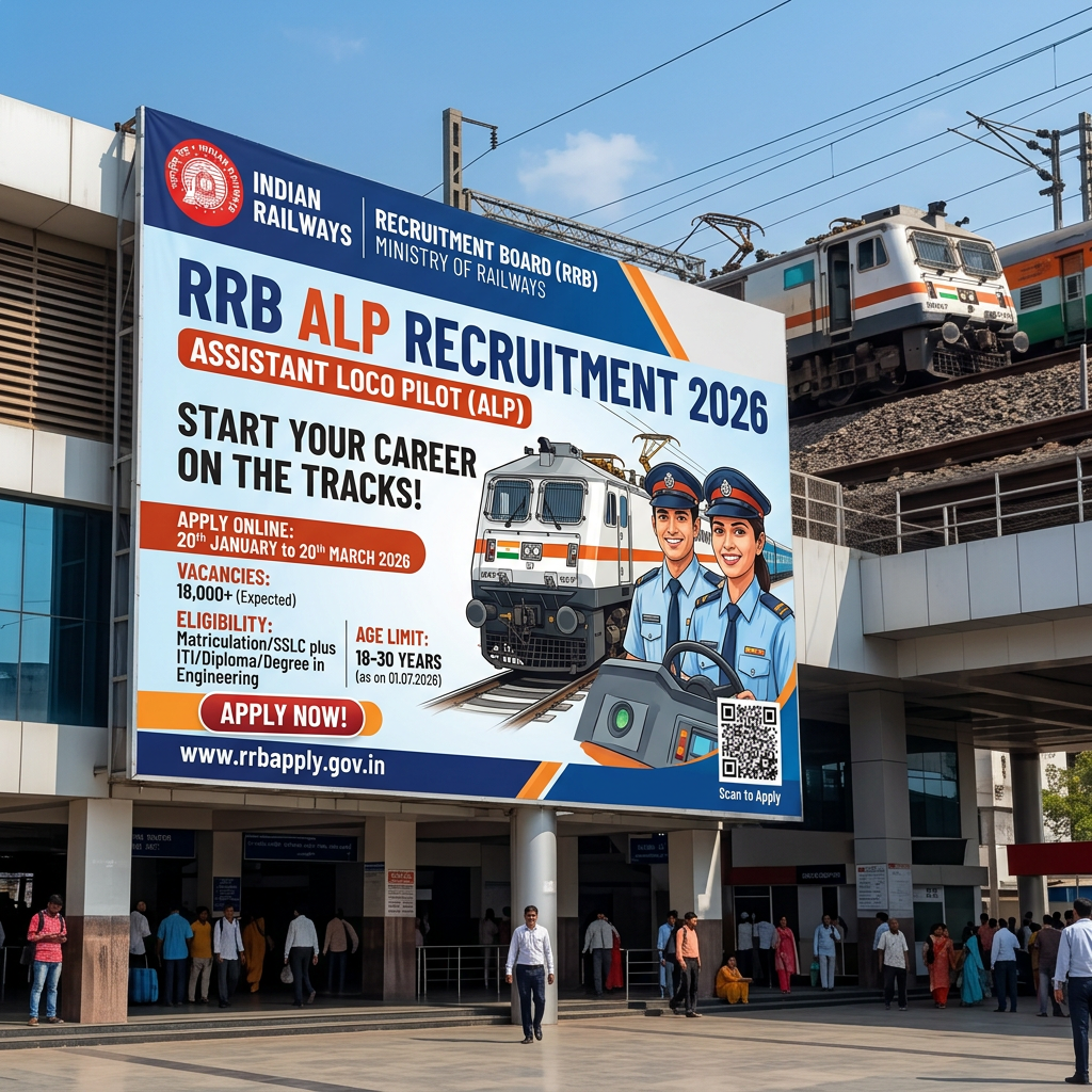 Billboard advertising RRB ALP Recruitment 2026 for Assistant Loco Pilot with details and a train illustration
