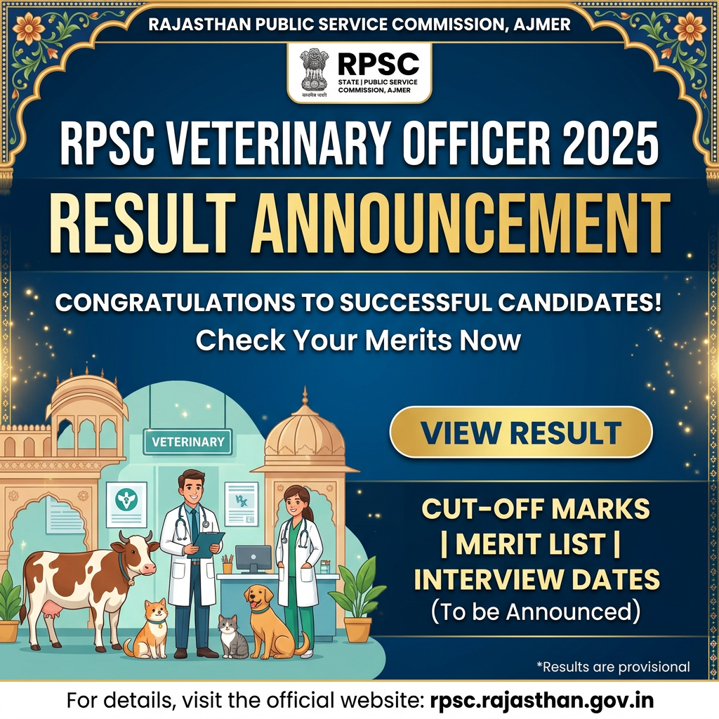RPSC Veterinary Officer 2025 result announcement with candidates congratulated and result details