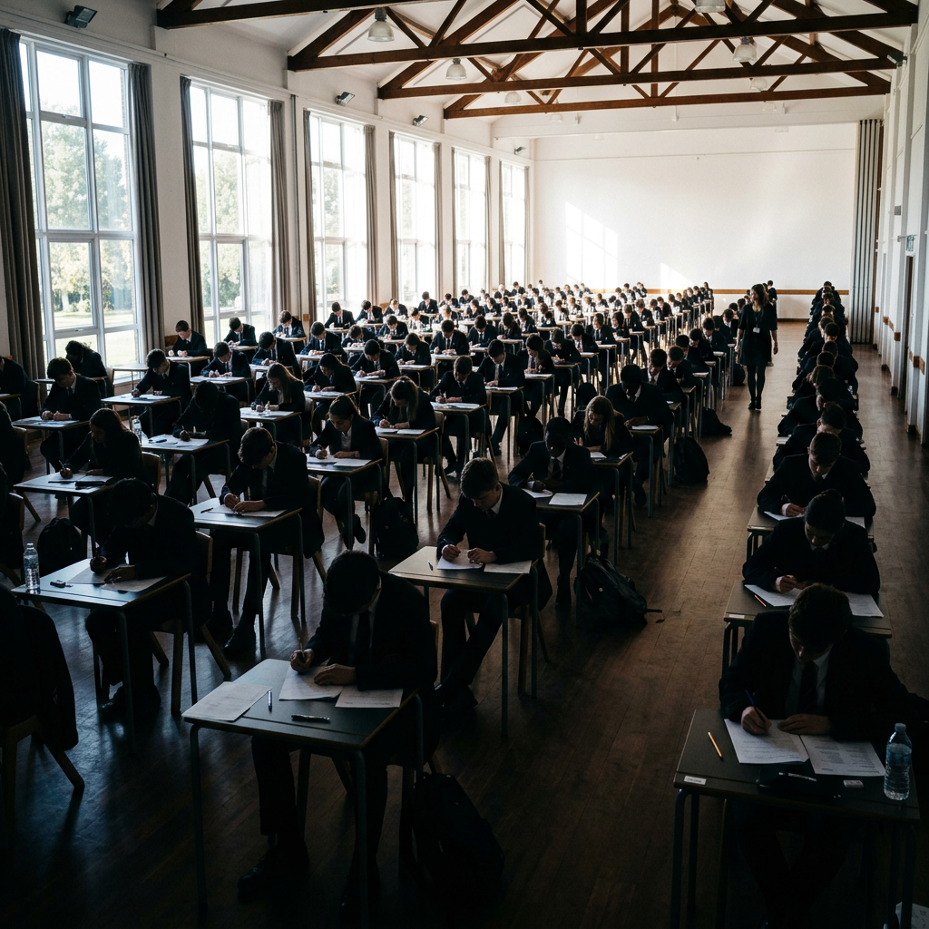 Students seated at individual desks taking an exam in a large, bright exam hall