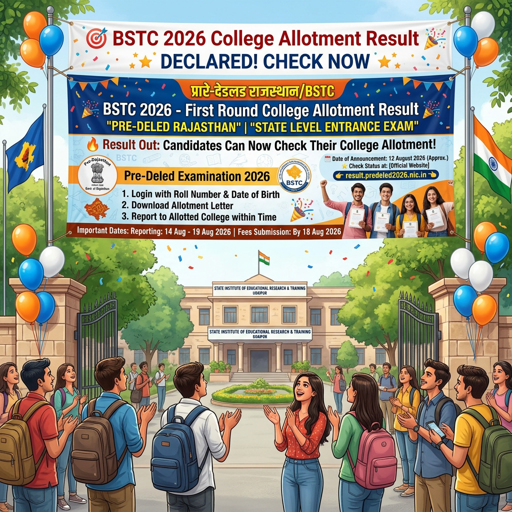 Students outside State Institute of Educational Research & Training building celebrating BSTC 2026 college allotment results.